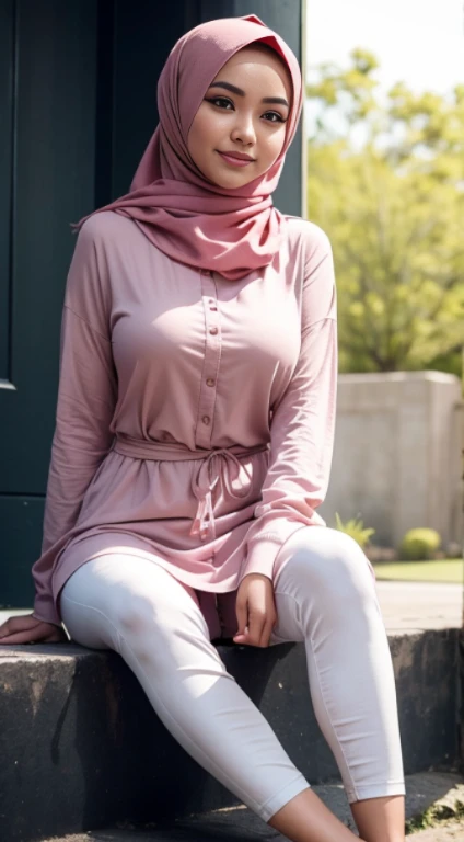 RAW, Best quality, high resolution, masterpiece: 1.3), beautiful Malay woman in hijab (iu:0.8),Best quality, high resolution, Masterpiece: 1.3, Beautiful hijabi malay girl, Masterpiece, Soft smile, Realistic, 1girl, charming eyes, glowing eyes, cut top, dress, parted lips, blush, night, sun, sun, big breasted girl, fashion outfit, sexy feminine,wear kebaya pink long neck, sitting in club, pullover, long pants, pink high heels, highres,4k,HDR,1girl, photorealistic, realistic,sweat skin, wet clothes, wet body, big breast, ((full body))soaked, full body picture(from head to feet), dripping, smiling at viewer,