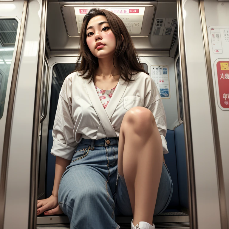 masterpiece, highest quality, Japanese girl sitting on a subway train, innocent, subway car doors, from below