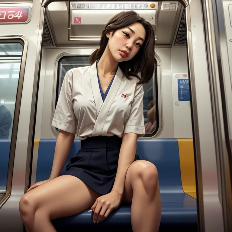 masterpiece, highest quality, Japanese girl sitting on a subway train, innocent, subway car doors, from below