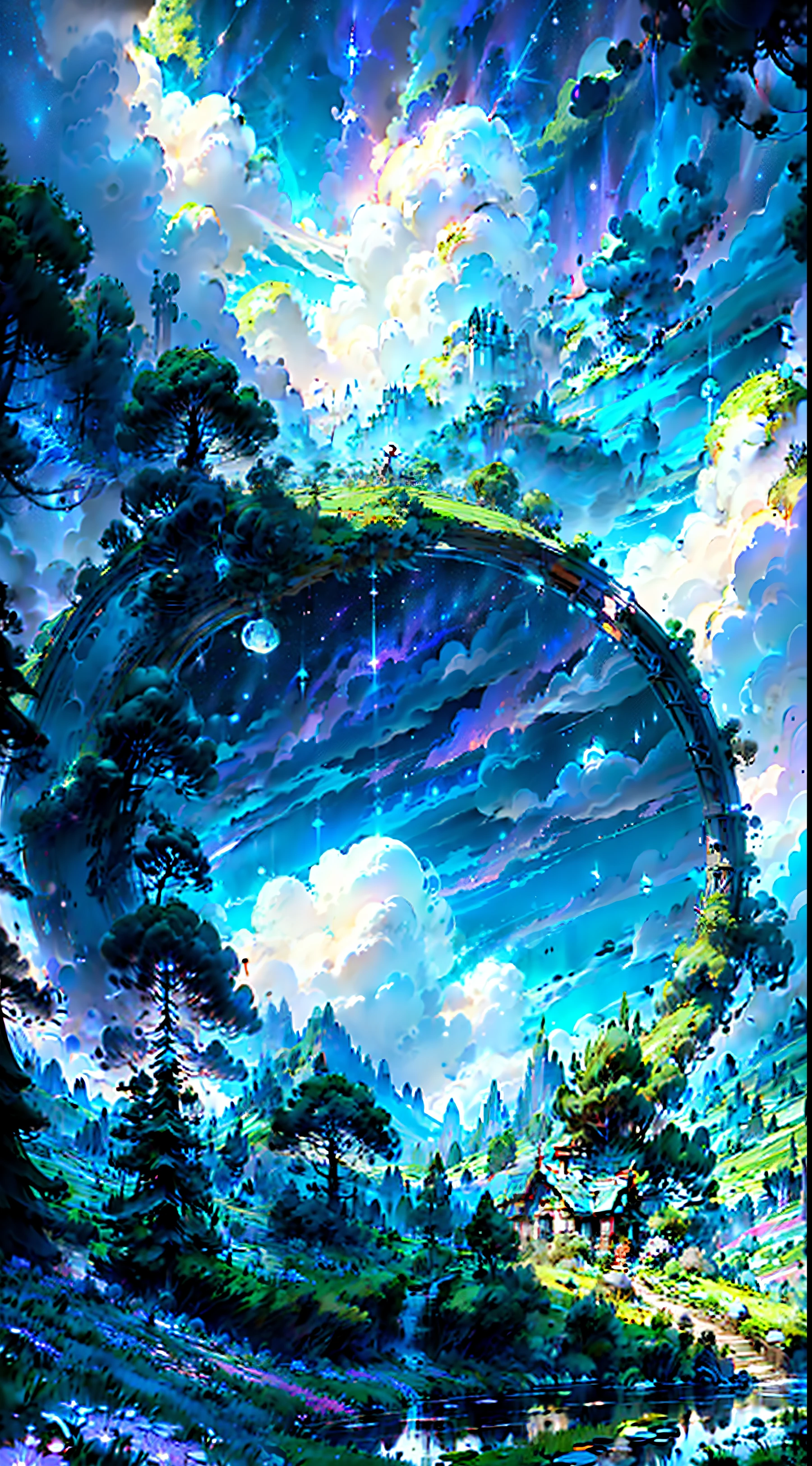 A giant mirror sphere floating in space, flickering lights, sad hamster lost (heaven like green fields surrounded by high mountains and clouds:1.3), particles in the air, god rays, stars in the background, intricate fractals, detailed, (illustration), masterpiece, high resolution, best quality.