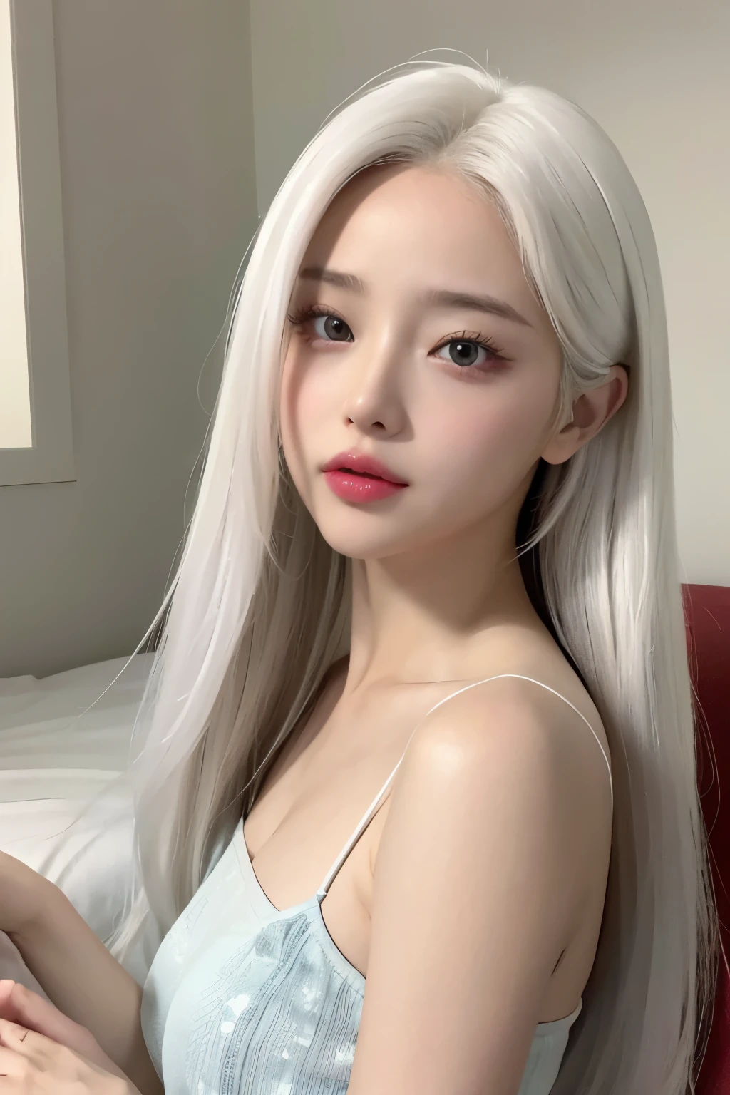 realistic, High resolution, 1 female, glowing skin, alone, wide lips,long hair,straight hair,saggy breasts,small face,white hair,Color Contacts,camisole,room,up angle,暗いroomに照明,white background,Purse your mouth,Kissing mouth