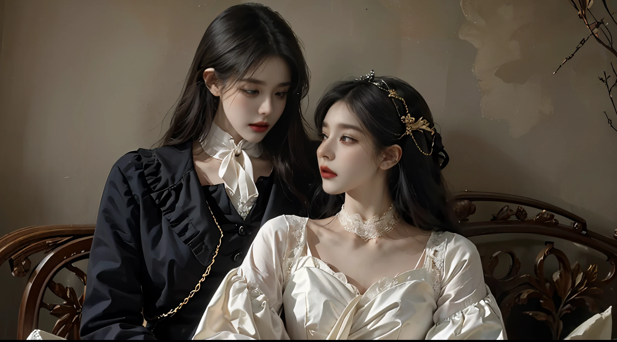 官方Art, unified 8k wallpaper, Super detailed, beautiful, beautiful, masterpiece, best quality, dark, Atmospheric, mystery, Romantic, crawl, literature, Art, Fashion, victorian era, decorate, complex, ironwork, lace, Brooding, emotional depth, supranatural, 1 girl, alone, neck, bust composition