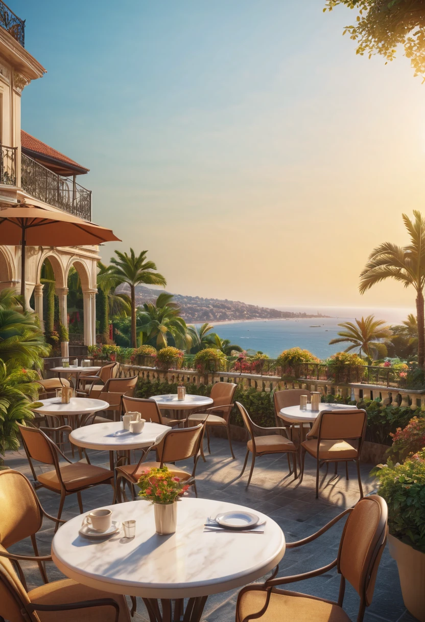 It is a comfortable and relaxing resort...Gorgeous and noble mansion.Tables and chairs for terrace cafe in high definition on garden terrace.The modern and beautiful city with a distant view is a famous holiday destination.Beautiful beach with sea views.nice environment, optimistic matte, Beautiful digital artwork, Cozy café, Beautiful and detailed scenes, Relaxation concept art, 8k high quality detailed art, 4k highly detailed digital art, Highly detailed scenes(noon scene.warm light)(best quality,4K,8k,high resolution,masterpiece:1.2),Super detailed,(actual,photoactual,photo-actual:1.37),bokeh background,