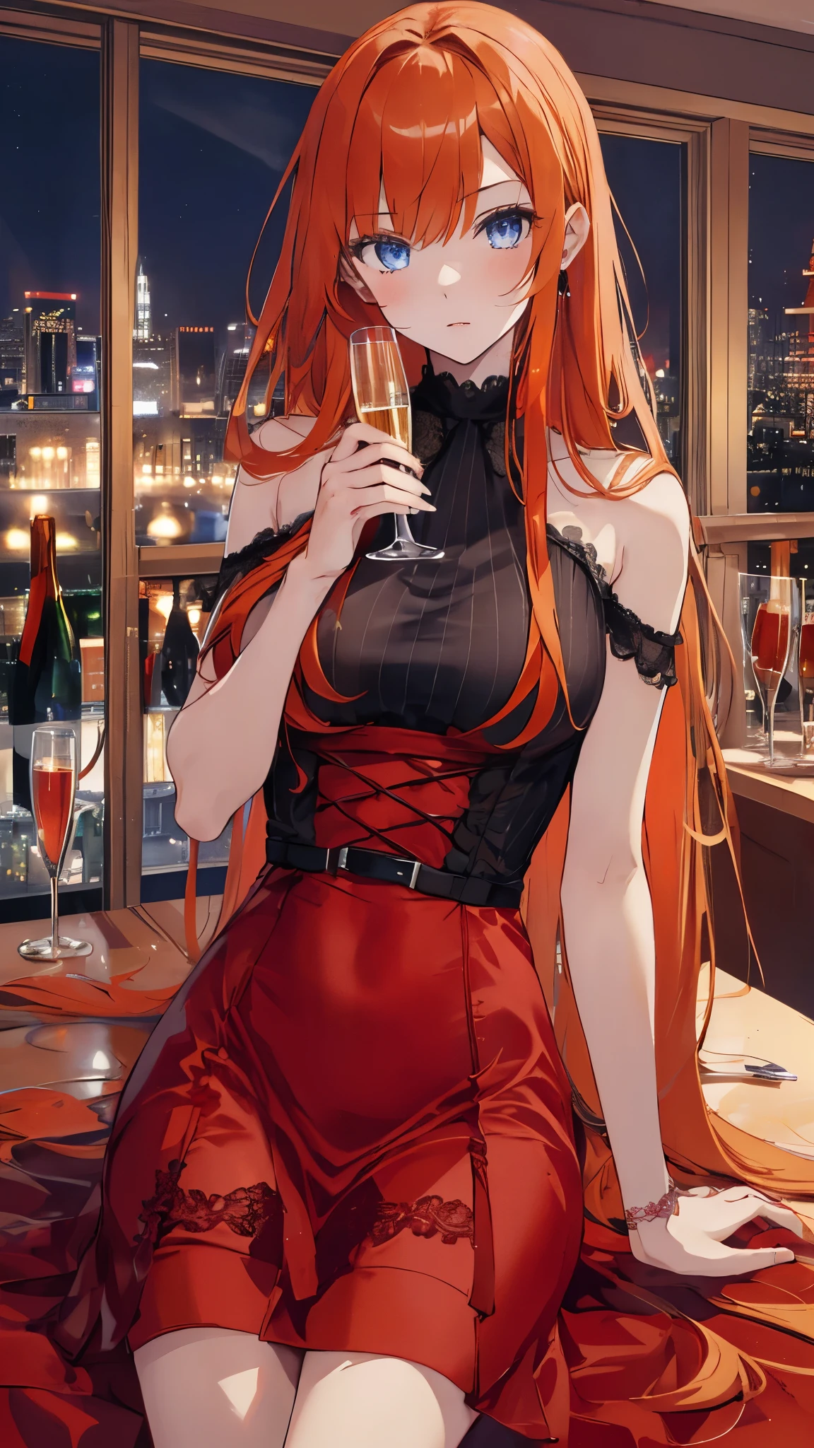 beautiful girl, rosto angelical, extremely sad expression, (melancholic), holding a glass of wine, sitting at the counter of a wine cellar, blue colored eyes, hair orange, work of art, ultra detaild, ((4K))