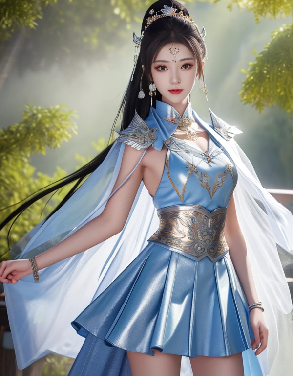 best quality, masterpiece, high resolution, 1 girl, Chinese battlefield background, metall armour, cape, metal collar, hair accessories, necklace, jewelry, pretty face, above_Body, Tyndall effect, actual, dark studio, edge lighting, Two-tone lighting, (High detail skin: 1.2), 8k ultra high definition, SLR camera, soft light, high quality, Volumetric lighting, frank, photo, high resolution, 4K, 8k, Bokeh, silver bikini armor, Phoenix embroidered on chest, metal breastplate, skinny, ponytail, Naked arms, arms, Short wrist guards, ，short skirt