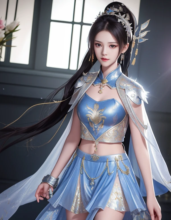 best quality, masterpiece, high resolution, 1 girl, Chinese battlefield background, metall armour, cape, metal collar, hair accessories, necklace, jewelry, pretty face, above_Body, Tyndall effect, actual, dark studio, edge lighting, Two-tone lighting, (High detail skin: 1.2), 8k ultra high definition, SLR camera, soft light, high quality, Volumetric lighting, frank, photo, high resolution, 4K, 8k, Bokeh, silver bikini armor, Phoenix embroidered on chest, metal breastplate, skinny, ponytail, Naked arms, arms, Short wrist guards, ,short skirt