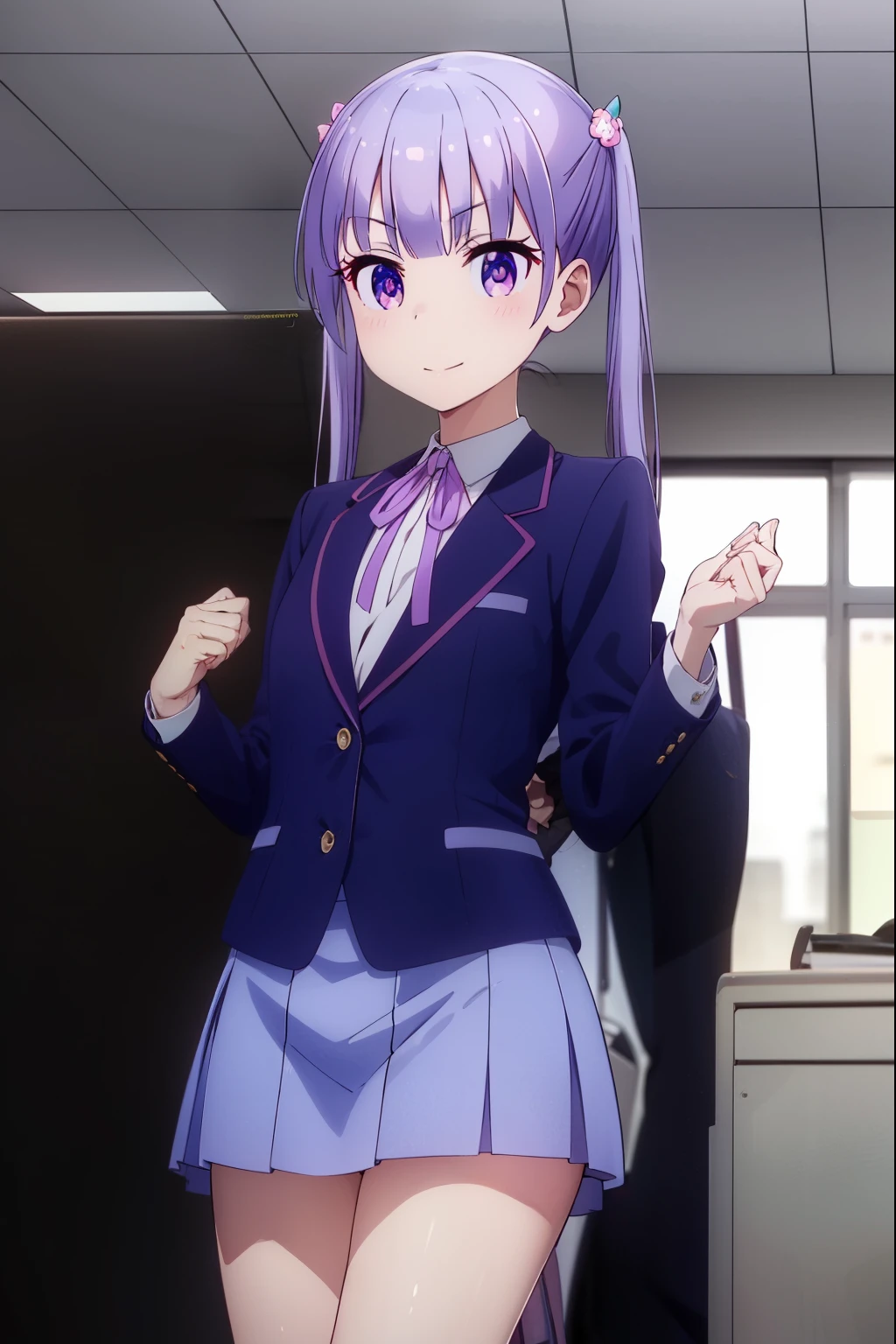 aobasuzukaze, aoba suzukaze, eyebrows, hair ornament, long hair, (purple eyes:1.1), purple hair, twintails, smile,
BREAK blue skirt, bow, bowtie, business suit, dress shirt, formal, neck ribbon, pink bow, pink bowtie, pink ribbon, ribbon, shirt, skirt, skirt suit, suit, white shirt,
BREAK indoors, office,
BREAK looking at viewer, (cowboy shot:1.5),
BREAK (masterpiece:1.2), best quality, high resolution, unity 8k wallpaper, (illustration:0.8), (beautiful detailed eyes:1.6), extremely detailed face, perfect lighting, extremely detailed CG, (perfect hands, perfect ),