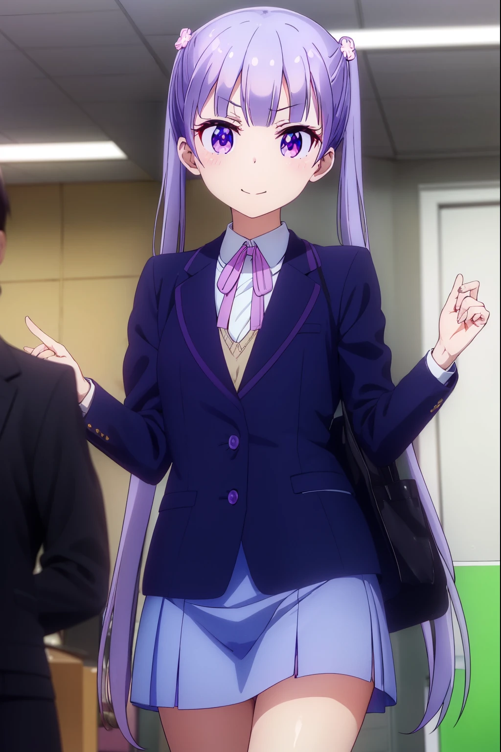 aobasuzukaze, aoba suzukaze, eyebrows, hair ornament, long hair, (purple eyes:1.1), purple hair, twintails, smile,
BREAK blue skirt, bow, bowtie, business suit, dress shirt, formal, neck ribbon, pink bow, pink bowtie, pink ribbon, ribbon, shirt, skirt, skirt suit, suit, white shirt,
BREAK indoors, office,
BREAK looking at viewer, (cowboy shot:1.5),
BREAK (masterpiece:1.2), best quality, high resolution, unity 8k wallpaper, (illustration:0.8), (beautiful detailed eyes:1.6), extremely detailed face, perfect lighting, extremely detailed CG, (perfect hands, perfect anatomy),