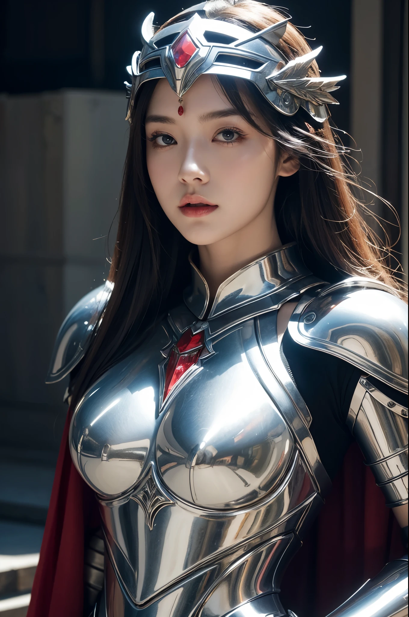 (top-quality,​masterpiece),Close up portrait of woman in silver and red dress posing,Colossal ,美丽的面容,well proportioned face,detailed fantasy art、closes mouth,Fanart Meilleure ArtStation、epic exquisite character art、Dragon helmet,Beautiful armor、Armor with intricate details,extremely detailed art germ、Detailed Digital Anime Art、armor girl,valkyrie,