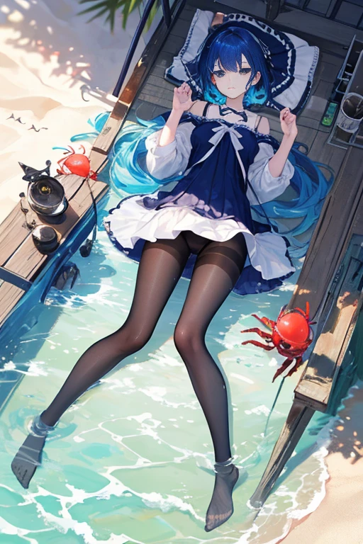 (actual),masterpiece,best quality,light,(Aerial view of the satellite),natural shadow,highest detail,Professional photography,Detailed background,depth of field,Crazy details,complex,aesthetic,Detailed faces,subsurface scattering,Aerial view of the satellite,1 girl,Full body female love,faint smile,charming,blue hair.aho colorful),shift dress,lie,wet,beautiful legs、Nice butt and long legs、(Surreal pantyhose:1.2) beach, Small crabs, water,short skirt