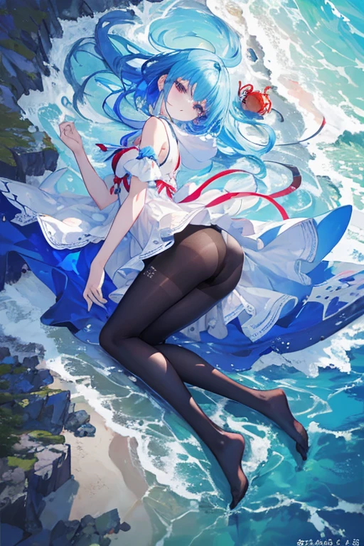 (actual),masterpiece,best quality,light,(Aerial view of the satellite),natural shadow,highest detail,Professional photography,Detailed background,depth of field,Crazy details,complex,aesthetic,Detailed faces,subsurface scattering,Aerial view of the satellite,1 girl,Full body female love,faint smile,charming,blue hair.aho colorful),shift dress,lie,wet,beautiful legs、Nice butt and long legs、(Surreal pantyhose:1.2) beach, Small crabs, water,short skirt