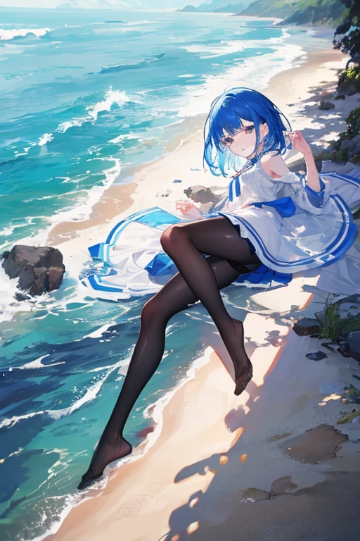 4K,Royal sister,delicated face,cabelos preto e longos,Black eyes,Blush,short skirt,A star-shaped headdress is worn on his head,Wear white knee-length socks,Small black leather shoes,full bodyesbian,ssmile,Have by the sea,The edges are illuminated