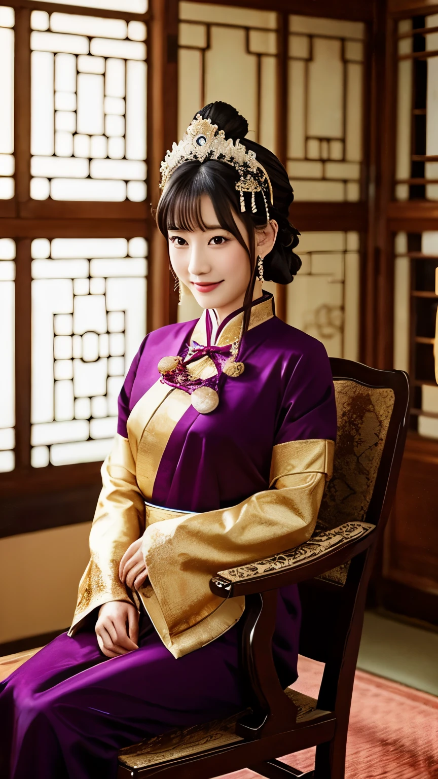 ancient China、In a room in the imperial court at the end of the Later Han Dynasty、The empress is sitting in a luxurious chair。The empress is華やかな服装で神々It has a nice aura of atmosphere.。The empress is綺麗な顔立ちで、She is wearing the fashionable hair ornaments of the time.。The empress is、I'm looking at you with a smile on my face。Please draw a beautiful woman with such an image.。