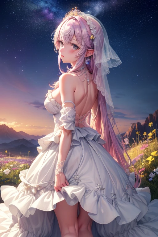 Colorful starrailloating white feathers),Purple,(((((masterpiece))))),(((((high resolution))))),alone,(hair splayed out),((flowing hair)),pink hair,blue_Eye,permanent,Big breasts,((Beautiful and detailed skirt, flower patterns on clothes,White dress)),bridal gloves,ribbon,hair ribbon,hair flower,veil,beautiful detailed sky,glowing light,Ray tracing,reflected light,depth of field,((((Put your arms behind your back)))),Flowers and meadows,Mountain,(((((role conception))))),(((((Extremely detailed CG unified 8k wallpaper))))),Cross necklace,crown,earrings,bridal veil,sling,starry sky,clusters of stars,starry sky,Twinkling stars,,Poker face,Neat figure,sit on the floor，miniskirt