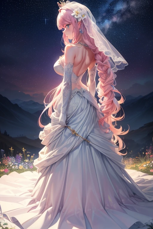Colorful starrailloating white feathers),Purple,(((((masterpiece))))),(((((high resolution))))),alone,(hair splayed out),((flowing hair)),pink hair,blue_Eye,permanent,Big breasts,((Beautiful and detailed skirt, flower patterns on clothes,White dress)),bridal gloves,ribbon,hair ribbon,hair flower,veil,beautiful detailed sky,glowing light,Ray tracing,reflected light,depth of field,((((Put your arms behind your back)))),Flowers and meadows,Mountain,(((((role conception))))),(((((Extremely detailed CG unified 8k wallpaper))))),Cross necklace,crown,earrings,bridal veil,sling,starry sky,clusters of stars,starry sky,Twinkling stars,,Poker face,Neat figure,sit on the floor,miniskirt