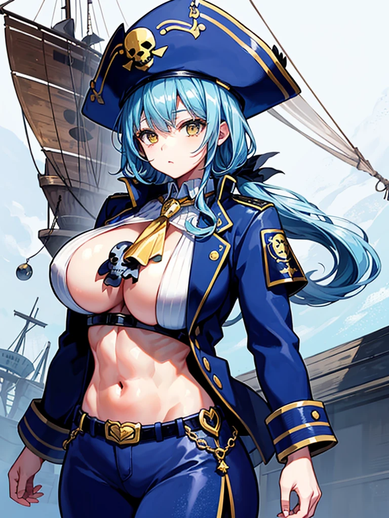 （（（masterpiece、Highest image quality、highest quality、highly detailed unity 8ｋwallpaper）））、（（Illustration of one girl、upper body））、（（（beautiful girl）））、（female pirate）、（Light light blue hair、short ponytail：1.2、yellow eyes）、（（tall））、（（（muscle girl, muscle, bulky figure, massive frame, thick neck, sturdy arms, powerful legs、solid chest）））、（captain&#39;s suit、Pirate hat、Blue coat、pants）、Pirate ship deck