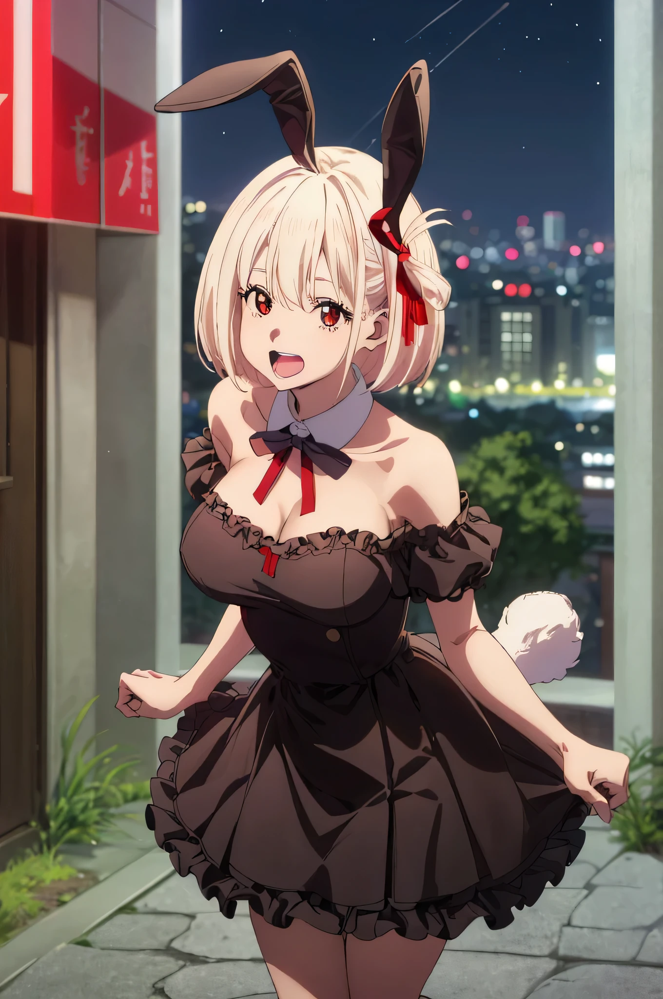 best image quality、最high quality、high quality、City of night、night view、city、city of tokyo、girl,Close-up of a person wearing a black dress and red shoes、bunny girl clothes、Bunny girl、Usamimi、High leg、Racy clothes、Black Bunny、 Banpresto,rabbit tail、off shoulder、thighs、big breasts、big 、魅力的なvalley、valley、see up、up close view、Upper body、Upper bodyfoucus,(Laughter:1.1), (open your mouth:1.1), (wide open eyes:1.2), Moon glare, Bokeh, written boundary depth, blurred background, Senzoku Nishikigi、Blonde short bob、red eyes、red ribbon、city内、city、city of tokyo
