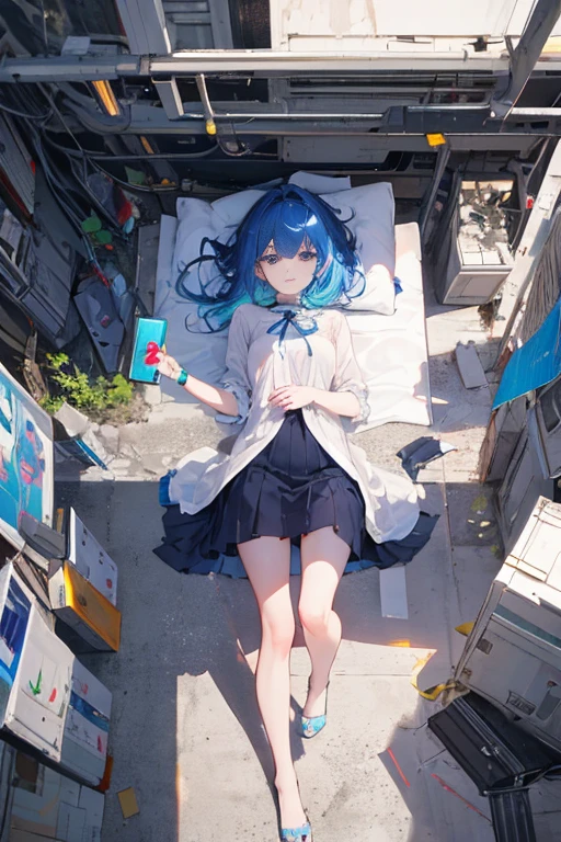(actual),masterpiece,best quality,light,(Aerial view of the satellite),natural shadow,highest detail,Professional photography,Detailed background,depth of field,Crazy details,complex,aesthetic,Detailed faces,subsurface scattering,Aerial view of the satellite,1 girl,Full body female love,faint smile,charming,blue hair.aho colorful),shift dress,lie,wet,beautiful legs、Nice butt and long legs、 short skirt