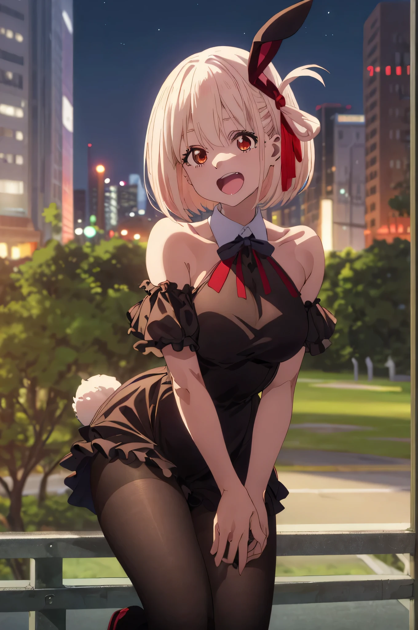 best image quality、最high quality、high quality、City of night、night view、city、city of tokyo、girl,Close-up of a person wearing a black dress and red shoes、bunny girl clothes、Bunny girl、Usamimi、High leg、Racy clothes、Black Bunny、 Banpresto,rabbit tail、off shoulder、thighs、big breasts、big 、魅力的なvalley、valley、see up、up close view、Upper body、Upper bodyfoucus,(Laughter:1.1), (open your mouth:1.1), (wide open eyes:1.2), Moon glare, Bokeh, written boundary depth, blurred background, Senzoku Nishikigi、Blonde short bob、red eyes、red ribbon、city内、city、city of tokyo
