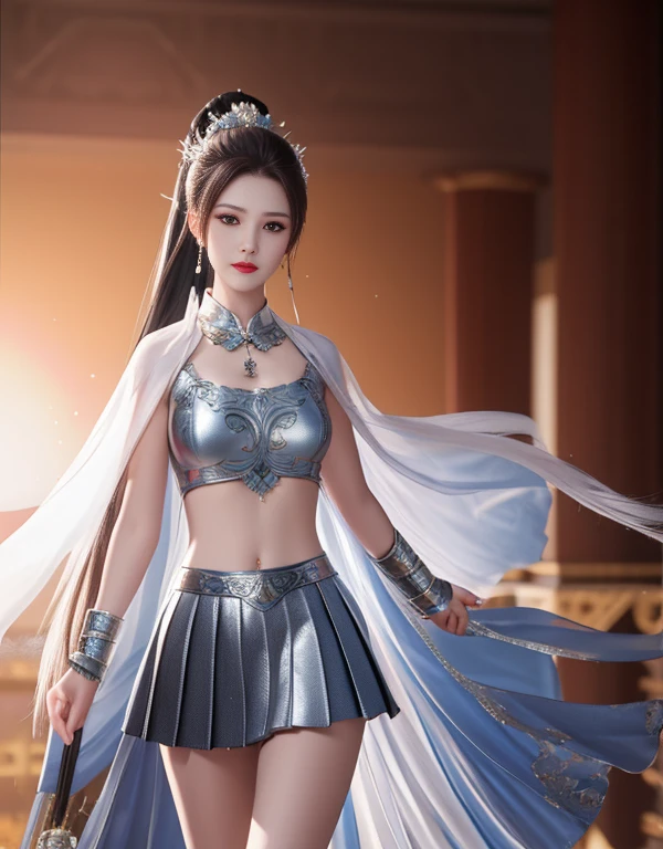 best quality, masterpiece, high resolution, 1 girl, Chinese battlefield background, metall armour, cape, metal collar, hair accessories, necklace, jewelry, pretty face, above_Body, Tyndall effect, actual, dark studio, edge lighting, Two-tone lighting, (High detail skin: 1.2), 8k ultra high definition, SLR camera, soft light, high quality, Volumetric lighting, frank, photo, high resolution, 4K, 8k, Bokeh, silver bikini armor, Phoenix embroidered on chest, metal breastplate, skinny, ponytail, Naked arms, arms, Short wrist guards, ,miniskirt