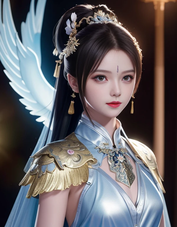 best quality, masterpiece, high resolution, 1 girl, Chinese battlefield background, metall armour, cape, metal collar, hair accessories, necklace, jewelry, pretty face, above_Body, Tyndall effect, actual, dark studio, edge lighting, Two-tone lighting, (High detail skin: 1.2), 8k ultra high definition, SLR camera, soft light, high quality, Volumetric lighting, frank, photo, high resolution, 4K, 8k, Bokeh, silver bikini armor, Phoenix embroidered on chest, metal breastplate, skinny, ponytail, Naked arms, arms, Short wrist guards, ，miniskirt