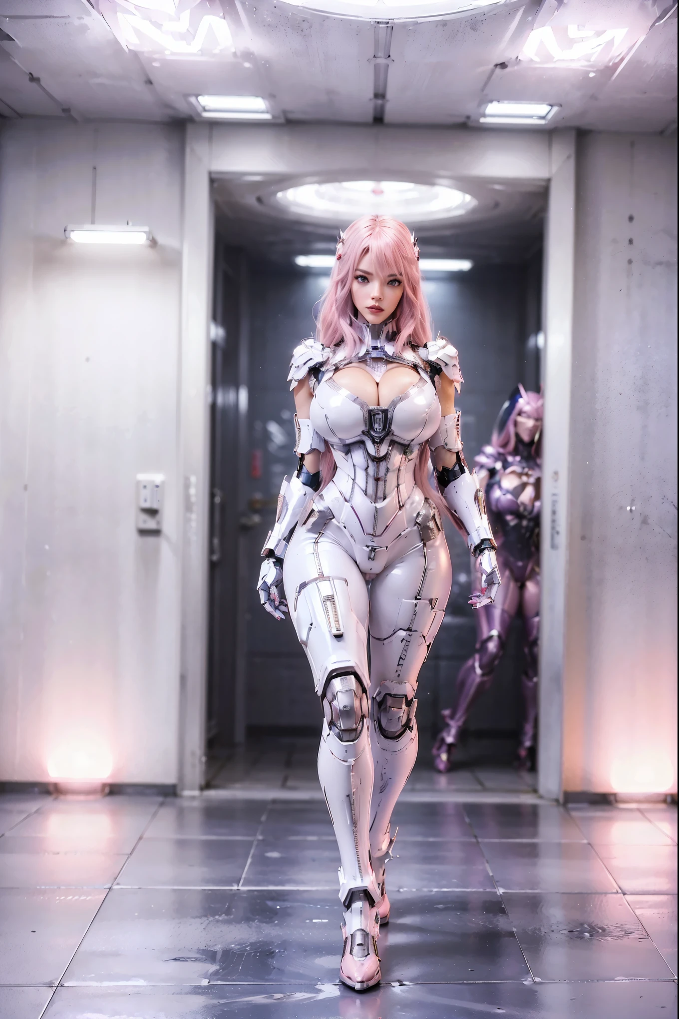 (1GIRL), (ALONE), (super detailed face), (pink Hair:1.5), (BIG BUTTOCKS, MUSCLE ABS, HUGE :1.5), (MECHA GUARD ARM:1.3), (RED,WHITE,SILVER,GOLD,PURPLE), (MECHA CYBER ARMORED, CLEAVAGE, MECHA SKINTIGHT SUIT PANTS, DIAMOND CORE IN ARMOR, MECHA GUARD ARMOR LEGS, HIGH HEELS:1.5), (MUSCULAR FEMALE BODY, SEXY LONG LEGS, FULL BODY:1.3), (LOOKING AT VIEWER:1.3), (female focus:0.886), (WALKING DOWN HALLWAY OF FUTURISTIC SPACE STATION:1), (BRIGHT LIGHTING WHITE_ROOM:1.3), SUPER TEXTURE, UNREAL ENGINE RENDER, PHYSICALLY-BASED RENDERING, ULTRA HIGHT DEFINITION, 16K, 1080P