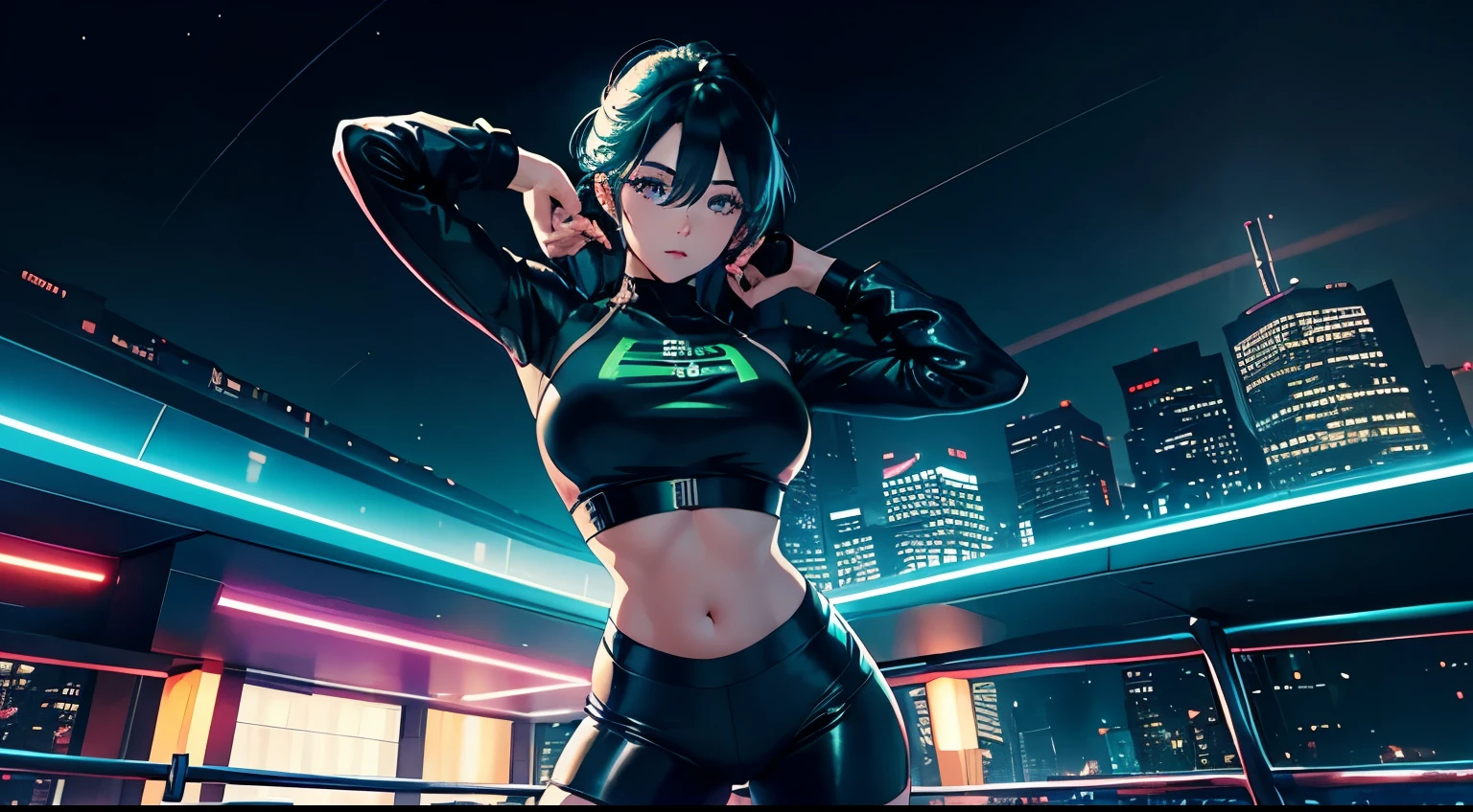 4K, A high resolution, Best quality at best, masterpiece, perfect colors, perfect shadow, perfect litthing, ((sportrait)), 1woman, fit-muscled body, bright green eyes,dark blue hair , blue eyes, With round lenses, The audience watched carefully, (s face: 1.2), Perfect female figure,,standing pose, ((Tight crop top leather suit)), ((shy and looking at viewert)), (Perfect thick white eyebrows) Delicate fur, 详细s face, s the perfect face, At a night club with sea view in the night , (model pose standing), energetic background, perfect city skyscape , lighting atmosphere, ((Bonifasko lighting)), (The round lenses on his eyes)(詳細な目), Perfect student, face close up