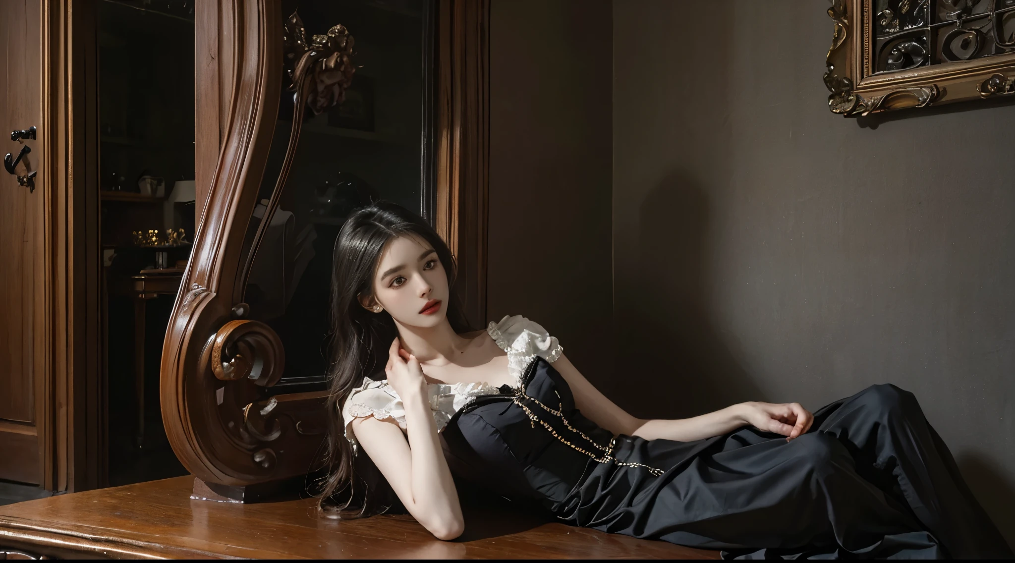 官方Art, unified 8k wallpaper, Super detailed, beautiful, beautiful, masterpiece, best quality, dark, Atmospheric, mystery, Romantic, crawl, literature, Art, Fashion, victorian era, decorate, complex, ironwork, lace, Brooding, emotional depth, supranatural, 1 girl, alone, neck, bust composition