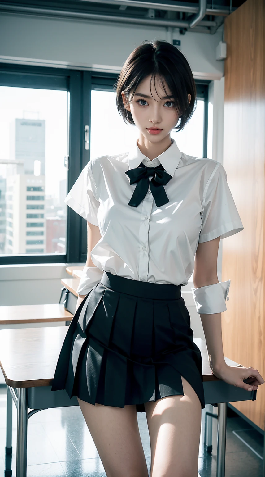 figure fingertips touch own lips with self hand while kneering down and positive approaching for a kiss neat pure girl is beautiful japanese female and beautiful russian female mixed race only in the face age is 15 features of the whole body black hair medium straight bob cut hair style beautiful small face with short eyelashes boyish eyes only high nose dark blue pupils very thin upper lip milky white skin accurate attractive body shape beautiful bust waist hip s thighs knees legs choker and tie on neck take off harf school uniform with dark blue skirt half opend eyes shy enamored face kindly and slight