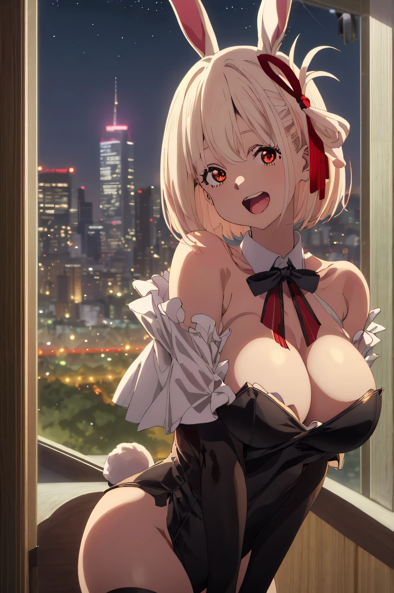 best image quality、最high quality、high quality、City of night、night view、city、city of tokyo、girl,、bunny girl clothes、Bunny girl、Usamimi、High leg、Racy clothes、Black Bunny、 black stockings,rabbit tail、off shoulder、thighs、big breasts、big 、魅力的なvalley、valley、see up、up close view、Upper body、Upper bodyfoucus,(Laughter:1.1), (open your mouth:1.1), (wide open eyes:1.2), Moon glare, Bokeh, written boundary depth, blurred background, Senzoku Nishikigi、Blonde short bob、red eyes、red ribbon、city内、city、city of tokyo
