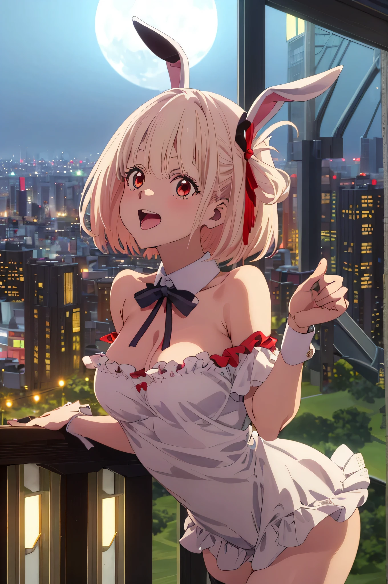 best image quality、最high quality、high quality、City of night、night view、city、city of tokyo、girl、エロいBunny girl、Bunny girl、Usamimi、High leg、Racy clothes、Black Bunny、 black stockings,rabbit tail、off shoulder、thighs、big breasts、big 、魅力的なvalley、valley、see up、up close view、Upper body、Upper bodyfoucus,(Laughter:1.1), (open your mouth:1.1), (wide open eyes:1.2), Moon glare, Bokeh, written boundary depth, blurred background, Senzoku Nishikigi、Blonde short bob、red eyes、red ribbon、city内、city、city of tokyo