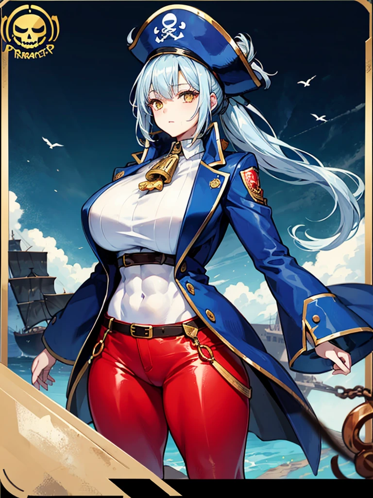 (((masterpiece、Highest image quality、highest quality、highly detailed unity 8kwallpaper)))、((Illustration of one girl、upper body))、(((beautiful girl)))、(female pirate)、(Light light blue hair、short ponytail:1.2、yellow eyes)、((tall))、(((muscle girl, muscle, bulky figure, massive frame, thick neck, sturdy arms, powerful legs、solid chest)))、(captain's suit、Pirate hat、Blue coat、pants)、Pirate ship deck