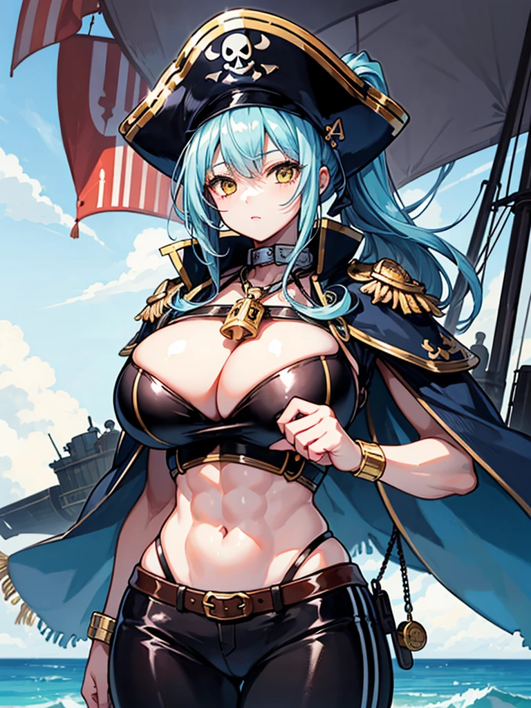 (((masterpiece、Highest image quality、highest quality、highly detailed unity 8kwallpaper)))、((Illustration of one girl、upper body))、(((beautiful girl)))、(female pirate)、(Light light blue hair、short ponytail:1.2、yellow eyes)、((tall))、(((muscle girl, muscle, bulky figure, massive frame, thick neck, sturdy arms, powerful legs、solid chest)))、(captain's suit、Pirate hat、Blue coat、pants)、Pirate ship deck