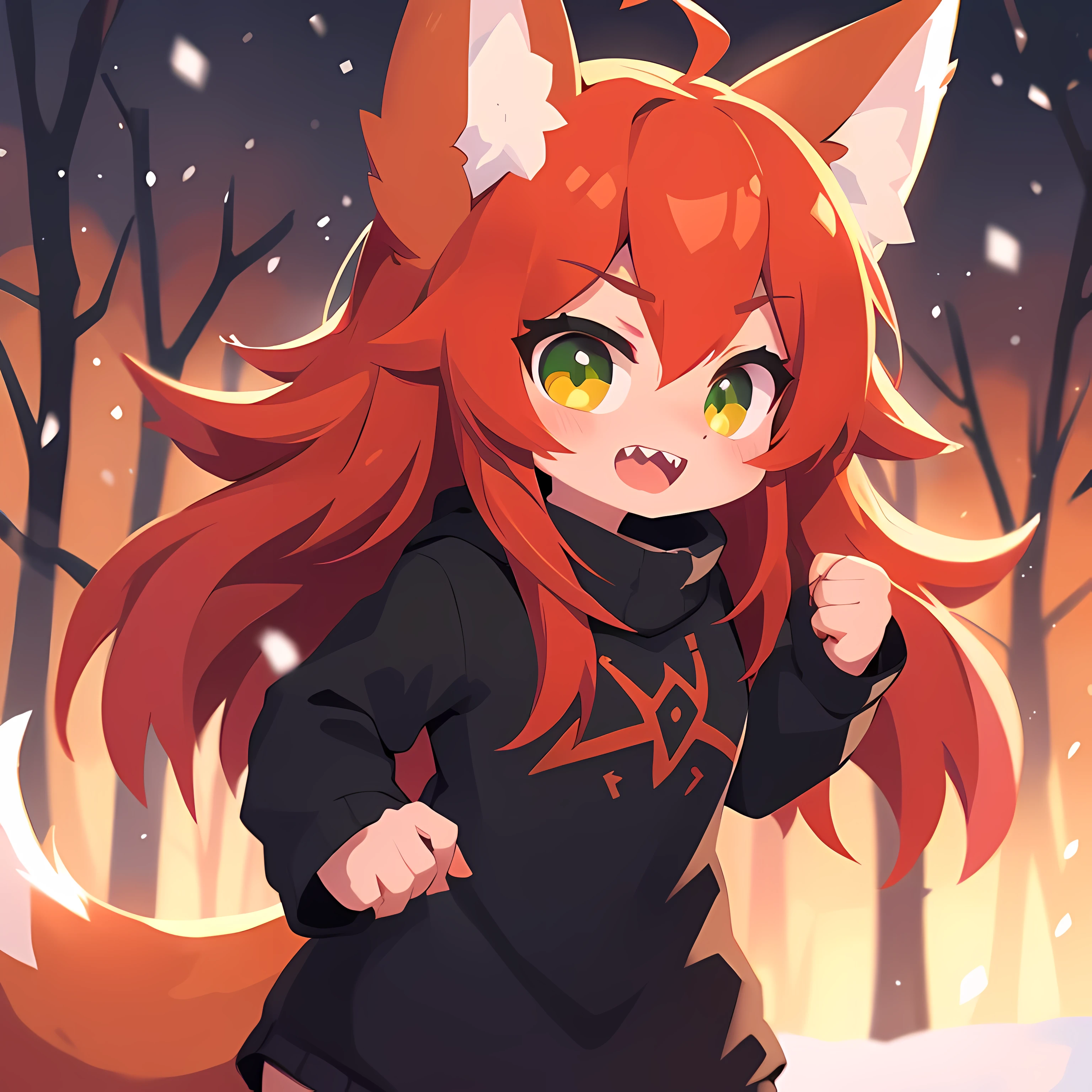 1girl, solo, red hair, green eyes, black clothes, adult, fox ears, fox tail, sharp teeth, detailed, light skin, snowy taiga