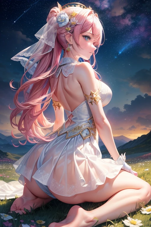 Colorful starrailloating white feathers),Purple,(((((masterpiece))))),(((((high resolution))))),alone,(hair splayed out),((flowing hair)),pink hair,blue_Eye,permanent,Big breasts,((美丽细致的short skirt, flower patterns on clothes,White dress)),bridal gloves,ribbon,hair ribbon,hair flower,veil,beautiful detailed sky,glowing light,Ray tracing,reflected light,depth of field,((((Put your arms behind your back)))),Flowers and meadows,Mountain,(((((role conception))))),(((((Extremely detailed CG unified 8k wallpaper))))),Cross necklace,crown,earrings,bridal veil,sling,starry sky,clusters of stars,starry sky,Twinkling stars,,Poker face,Neat figure,sit on the floor，short skirt