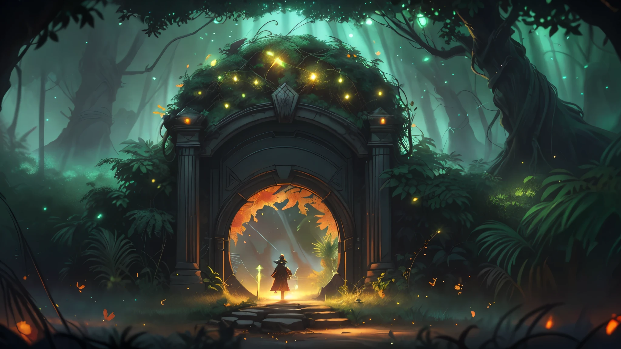 (Digital Artwork:1.3) of (Sketched:1.1) octane render of a mysterious dense forest with a large (magical:1.2) gate (portal:1.3) to the eternal kingdom, The gate frame is designed in a round shape, surrounded by delicate leaves and branches, with fireflies and glowing particle effects, (UI interface frame design), (natural elements), (jungle theme), (square), (leaves) , (twigs), (fireflies), butterflies, (delicate leaves), (glow), (particle effects, light engrave in intricate details, (light particle:1.2), (game concept:1.3), (depth of field:1.3), global illumination,Highly Detailed,Trending on ArtStation