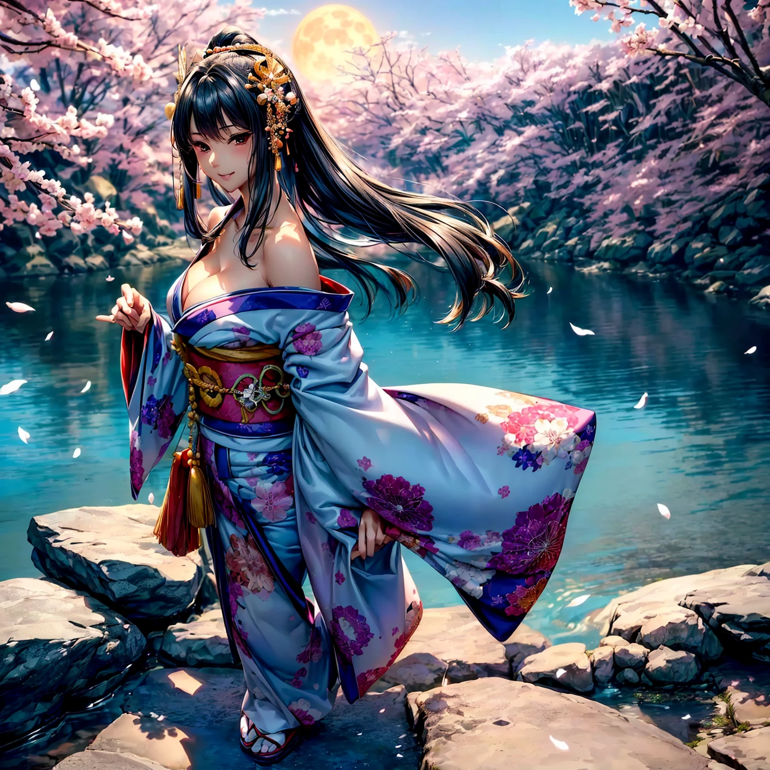(((highest quality、masterpiece、8K quality,very high resolution)))、(A woman of perfect and ultimate beauty:18-year-old:Yamato Nadeshiko)、(beautiful face:smile、beautiful hair:Japanese hair decoration、beautiful body:Slender and beautiful breasts)、(best skin and hair texture)、(Beautiful Japan kimono:Japanese patterns and colors:Kimono sleeves and obi are long,Exposed shoulders from kimono,I can see the cleavage,I can see my thighs,whole body,Hair flutters under the influence of the wind,The sleeves and obi of the kimono flap in the wind.),(Mysterious waterfront:Beautiful cherry blossoms and waterfalls,Fantastic night sky and beautiful full moon,beautiful scenery,beautiful scenery,Beautiful colors)、bijinga,(dynamic movement,dynamic angle,dynamic pose,various camera angles、model shoot),Overall image、accurate anatomy:1.2、accurate image:1.2、highly detailed images、perfect image、Image without defects、natural soft light、beautiful images、(best shot:1.2,RAW photo:1.2)
