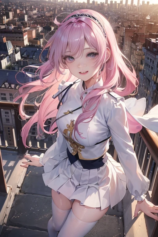 official art, masterpiece, 锋利的焦点美丽华丽可爱的South Korea女人:1.3), (美丽可爱的South Korea人:1.3), South Korea, exquisite beautiful hair、eyes and face, actual, Super detailed, beautiful girl, Luminous white particles, (side light:1.2), sunshine, Baiyun, Detailed cloud, Slender, buttocks, smile with teeth, ((smile with eyes, open your eyes)), landscape, long, straight hair, facial expression, architecture, (city View:1.7), dynamic hair, long, straight hair, Detailed platinum pink hair, Eyelue pleated shirt + white skirt), white stockings, pale skin, hair accessories, epic landscape,night,exposed