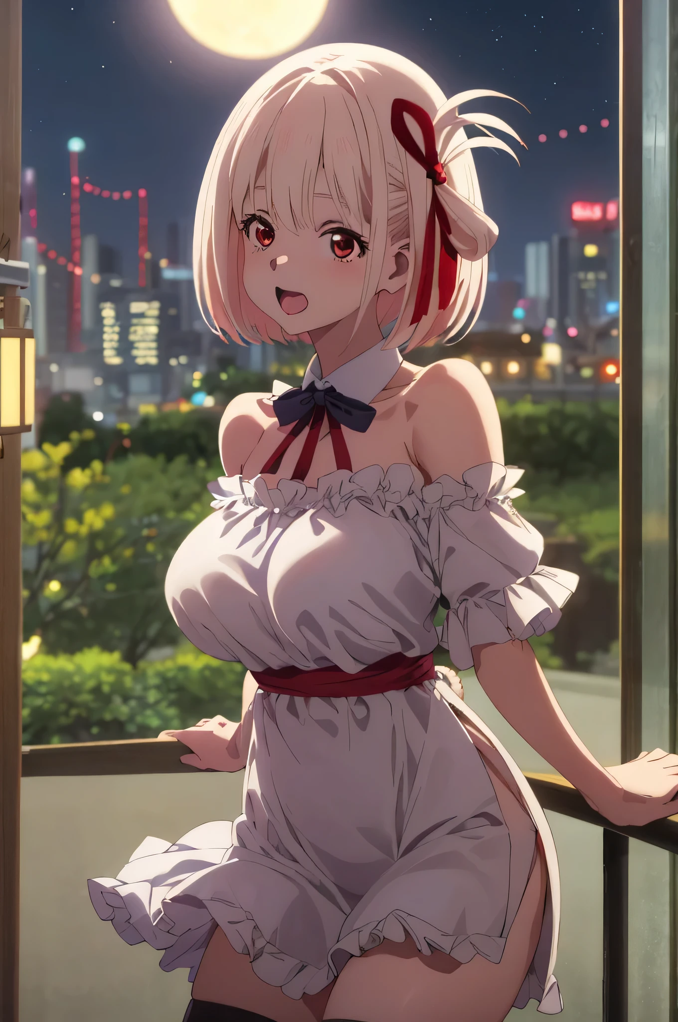 best image quality、最high quality、high quality、City of night、night view、city、city of tokyo、girl、エロいBunny girl、Bunny girl、Usamimi、High leg、Racy clothes、Black Bunny、Understand the lines of the body、 black stockings,rabbit tail、off shoulder、thighs、big breasts、big 、魅力的なvalley、valley、see up、up close view、No frills、Upper body、Upper bodyfoucus,(Laughter:1.1), (open your mouth:1.1), (wide open eyes:1.2), Moon glare, Bokeh, written boundary depth, blurred background, Senzoku Nishikigi、Blonde short bob、red eyes、red ribbon、city内、city、city of tokyo
