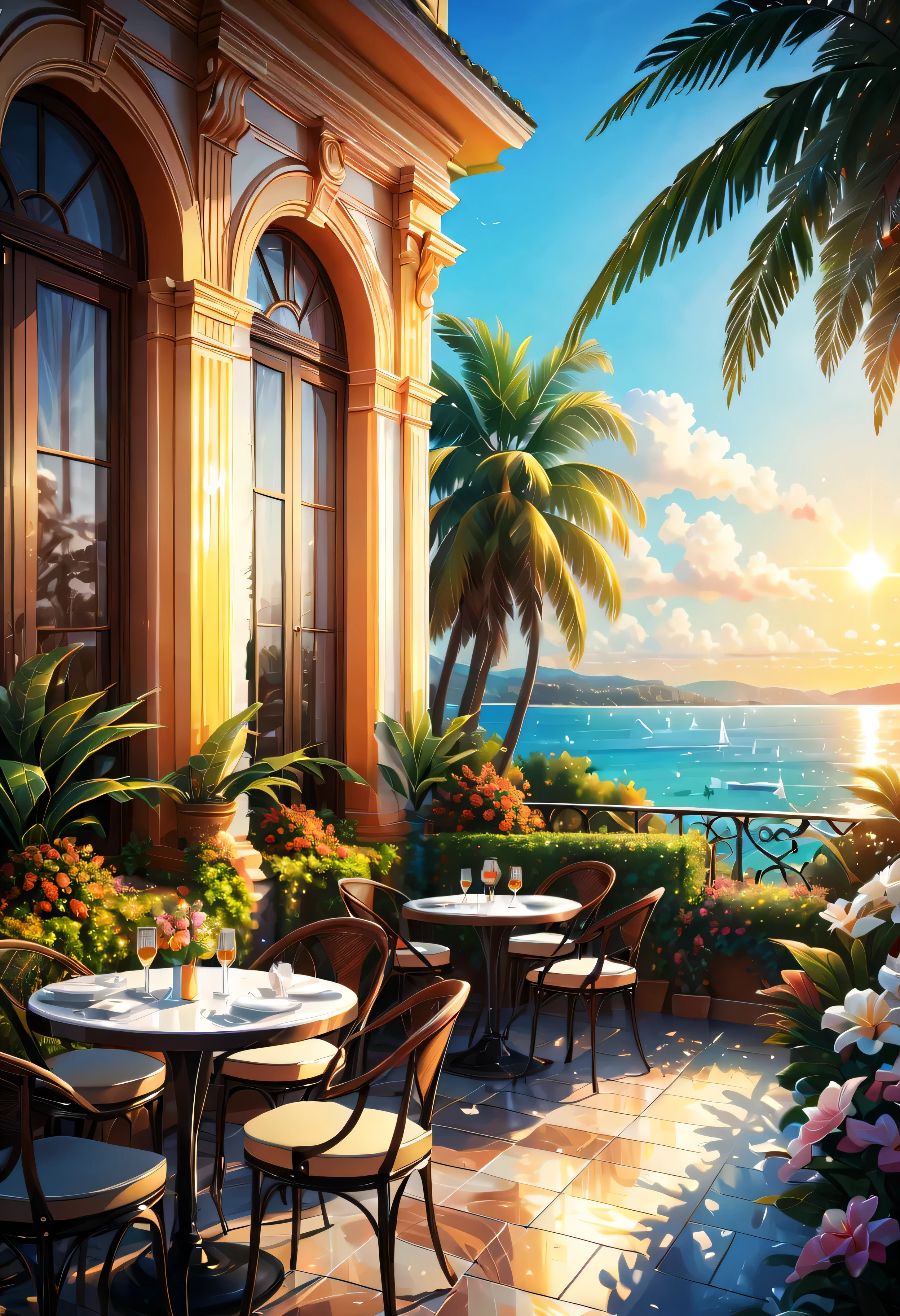 Cruise ship arrives at Greek port.it&#39;s a comfort、relaxing resort...Gorgeous and elegant mansion hotel.modern beautiful city，Overlooking，is a famous resort.beautiful beach，Sea view.Outdoor swimming pool.Cool glasses filled with iced carbonated drinks and delicate fruits on the table, The lights are very dazzling at night, Sea view in the distance, Palm trees and coconut groves in the distance, Romantic and beautiful environment, optimistic matte, Beautiful digital artwork, Cozy café, Beautiful and detailed scenes, Relaxation concept art, 8k high quality detailed art, 4k highly detailed digital art, Highly detailed scenes(night view.warm light)(best quality,4K,8k,high resolution,masterpiece:1.2),super detailed,(actual,photoactual,photo-actual:1.37),bokeh background,