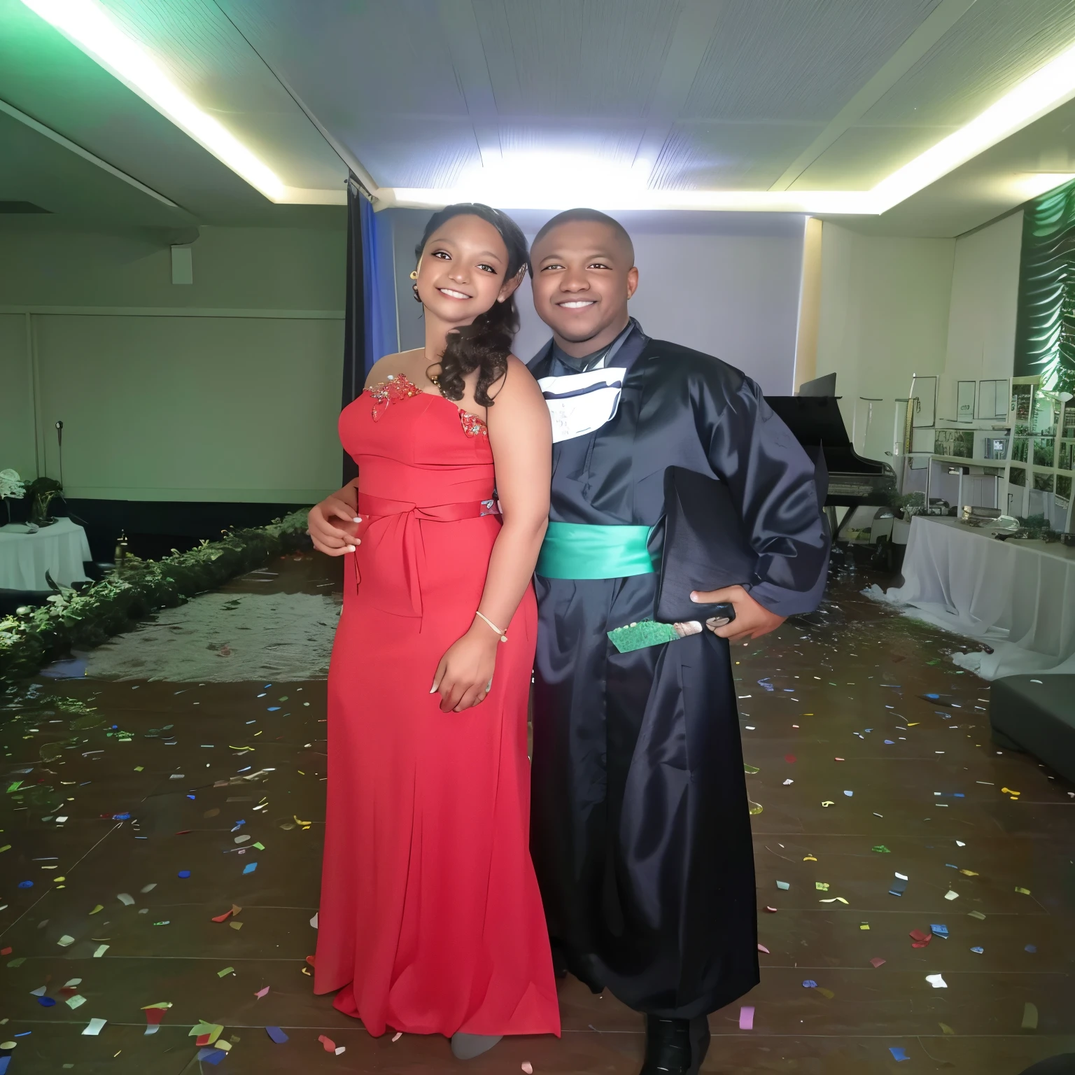 there are two people together in a room with confetti, por Willian Murai, por Ella Guru, wearing an academic dress, upload de alta qualidade, lovely casal, muito inspirador, malika favre, vestindo traje formal vermelho, 2009), recital, casal, happy casal, por Caro Niederer, noite, gravata preta, post graduate, Meu