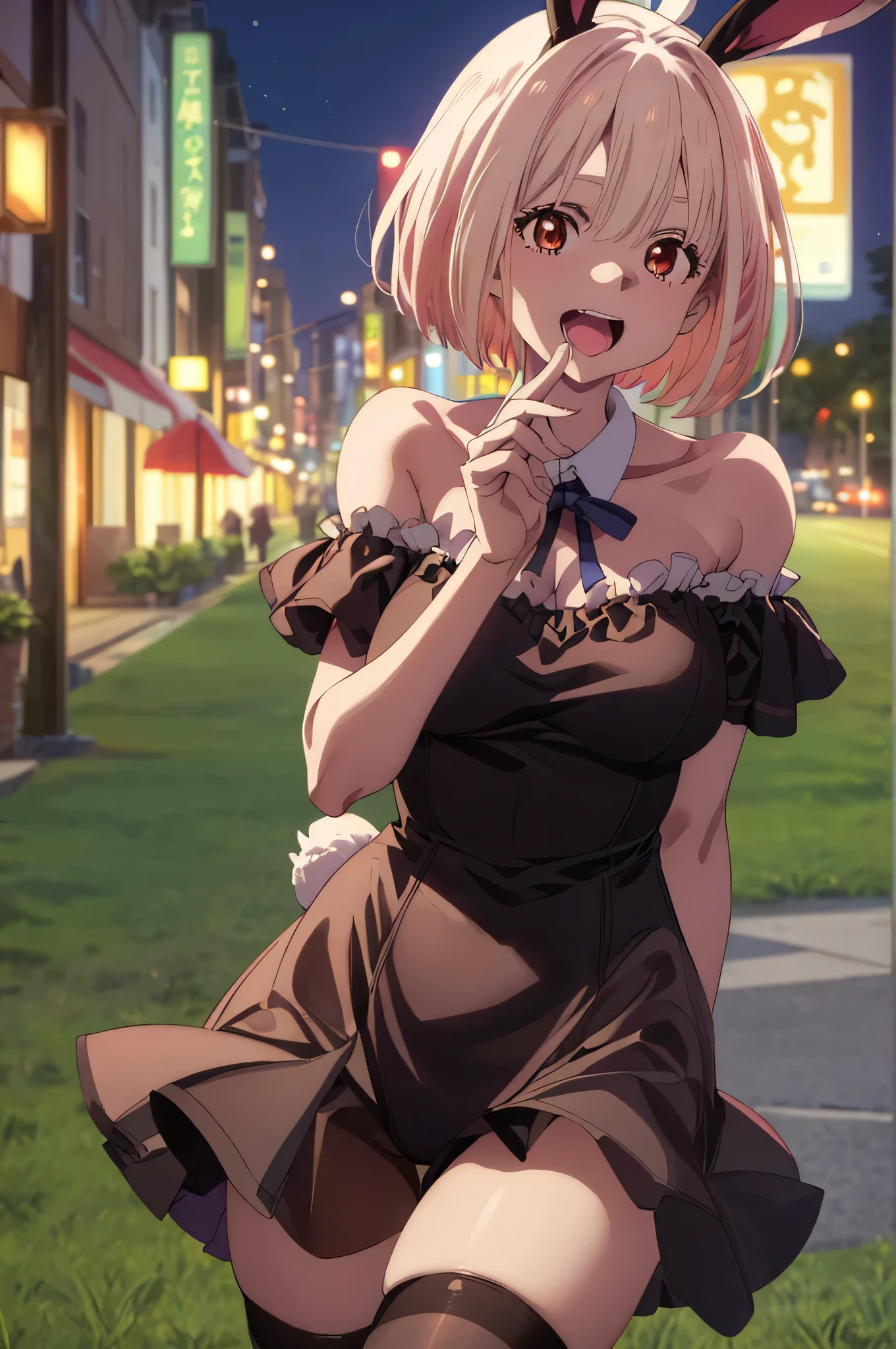 best image quality、最high quality、high quality、City of night、night view、city、city of tokyo、girl、エロいBunny girl、Bunny girl、Usamimi、High leg、Racy clothes、Black Bunny、Understand the lines of the body、 black stockings,rabbit tail、off shoulder、thighs、big breasts、big 、魅力的なvalley、valley、see up、up close view、Upper body、Upper bodyfoucus,(Laughter:1.1), (open your mouth:1.1), (wide open eyes:1.2), Moon glare, Bokeh, written boundary depth, blurred background, Senzoku Nishikigi、Blonde short bob、red eyes、red ribbon、city内、city、city of tokyo