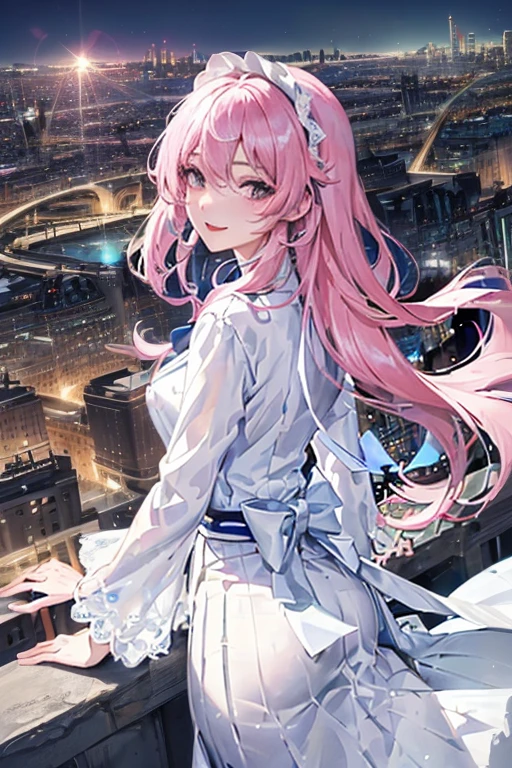 official art, masterpiece, Sharp focus beautiful gorgeous cute korean woman:1.3), (beautiful and cute korean:1.3), Korean beauty, exquisite beautiful hair、eyes and face, actual, Super detailed, beautiful girl, blue sky, Luminous white particles, (side light:1.2), sunshine, Baiyun, Detailed cloud, Slender, buttocks, smile with teeth, ((smile with eyes, open your eyes)), landscape, long, straight hair, sexy facial expression, architecture, (city View:1.7), dynamic hair, long, straight hair, Detailed platinum pink hair, Luminous Blue Eyelue Pleated Shirt + white skirt), white stockings, pale skin, hair accessories, epic landscape,night，show lace