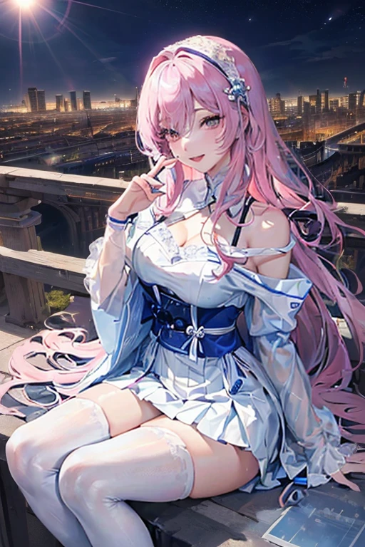 official art, masterpiece, Sharp focus beautiful gorgeous cute korean woman:1.3), (beautiful and cute korean:1.3), Korean beauty, exquisite beautiful hair、eyes and face, actual, Super detailed, beautiful girl, blue sky, Luminous white particles, (side light:1.2), sunshine, Baiyun, Detailed cloud, Slender, buttocks, smile with teeth, ((smile with eyes, open your eyes)), landscape, long, straight hair, sexy facial expression, architecture, (city View:1.7), dynamic hair, long, straight hair, Detailed platinum pink hair, Luminous Blue Eyelue Pleated Shirt + white skirt), white stockings, pale skin, hair accessories, epic landscape,night,show lace