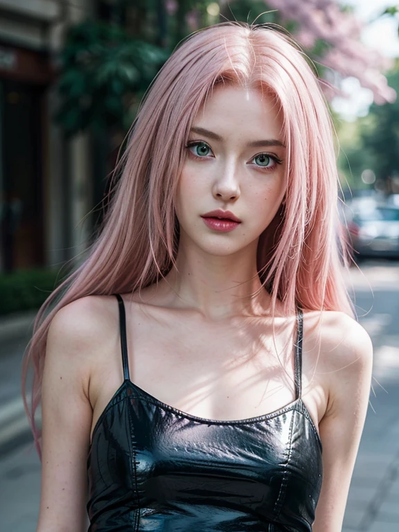 young woman, long pink hair, wide forehead, porcelain skin, pink eyebrows, big emerald green eyes, buttoned nose, thick lips, heart-shaped face, slender body, small breasts, pink leather dress, Sakura Haruno, realistic, realism black details 3d