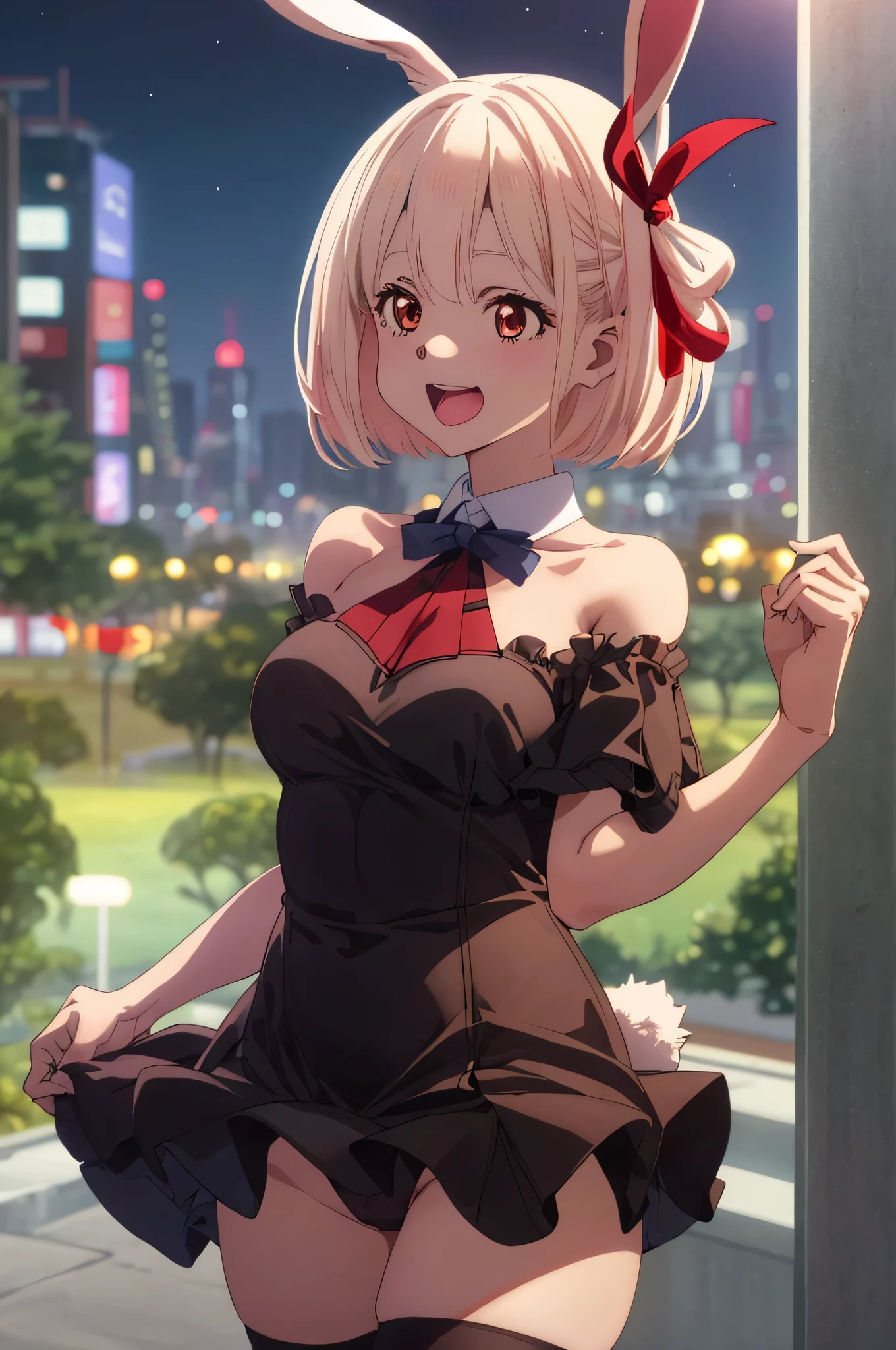 best image quality、最high quality、high quality、City of night、night view、city、city of tokyo、girl、very erotic、エロいBunny girl、Bunny girl、Usamimi、High leg、Racy clothes、Black Bunny、Understand the lines of the body、 black stockings,rabbit tail、off shoulder、thighs、big breasts、big 、魅力的なvalley、valley、see up、up close view、Upper body、Upper bodyfoucus,(Laughter:1.1), (open your mouth:1.1), (wide open eyes:1.2), Moon glare, Bokeh, written boundary depth, blurred background, Senzoku Nishikigi、Blonde short bob、red eyes、red ribbon、city内、city、city of tokyo
