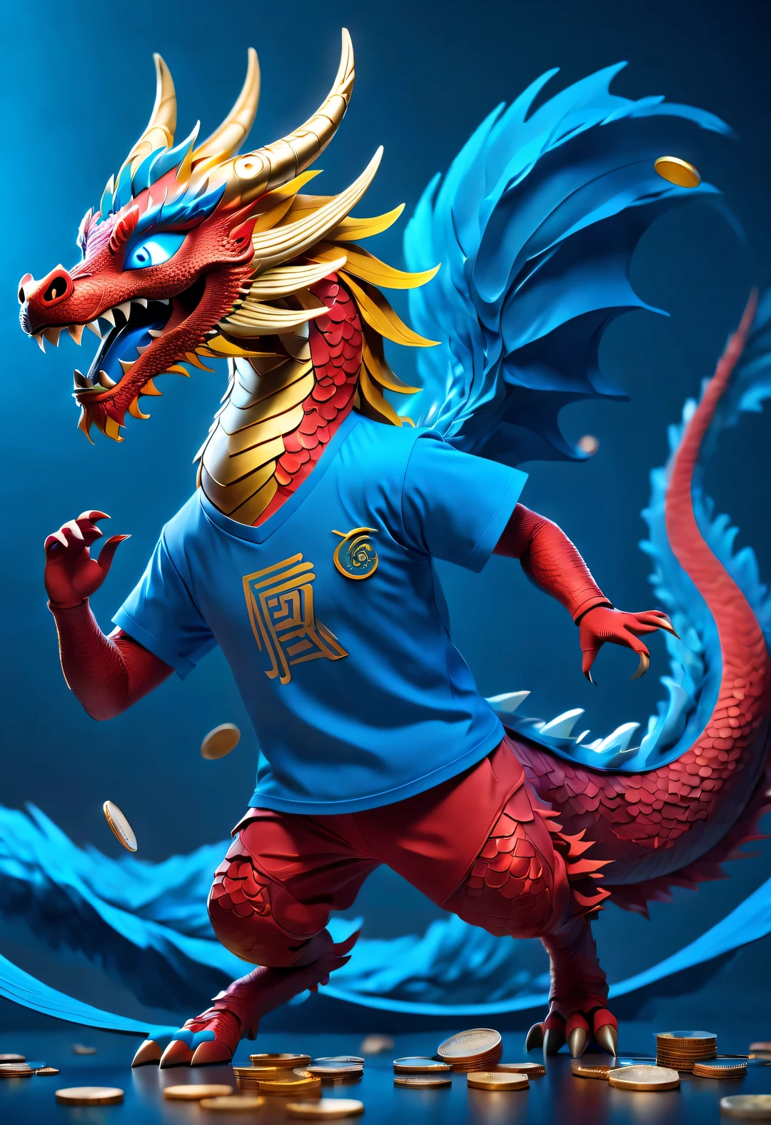 Modern art and cyberpunk style, Red wallpaper design, 3d rendering, realistic fur, hairy, beautiful wallpaper, Red, Yellow, blue, white, Black, Kaneko, (a super slim and mischievous Red orange zodiac dragon is throwing Kaneko coins into the air), It has a real faucet and a semi-mechanical body, Just look at the audience’s beautiful eyes and long eyelashes, (Raise your hands and throw the dance moves into the air: 1.0), (it is wearing a blue T-shirt with "AI" It says: 1.37), whole body, Throwing action, laughing expression, many Kaneko coins scatteRed in the air, background: huge wave Rolling, wave, Colored confetti,
Elevation and bottom-up angles, Beijing, China, 🦑  design,