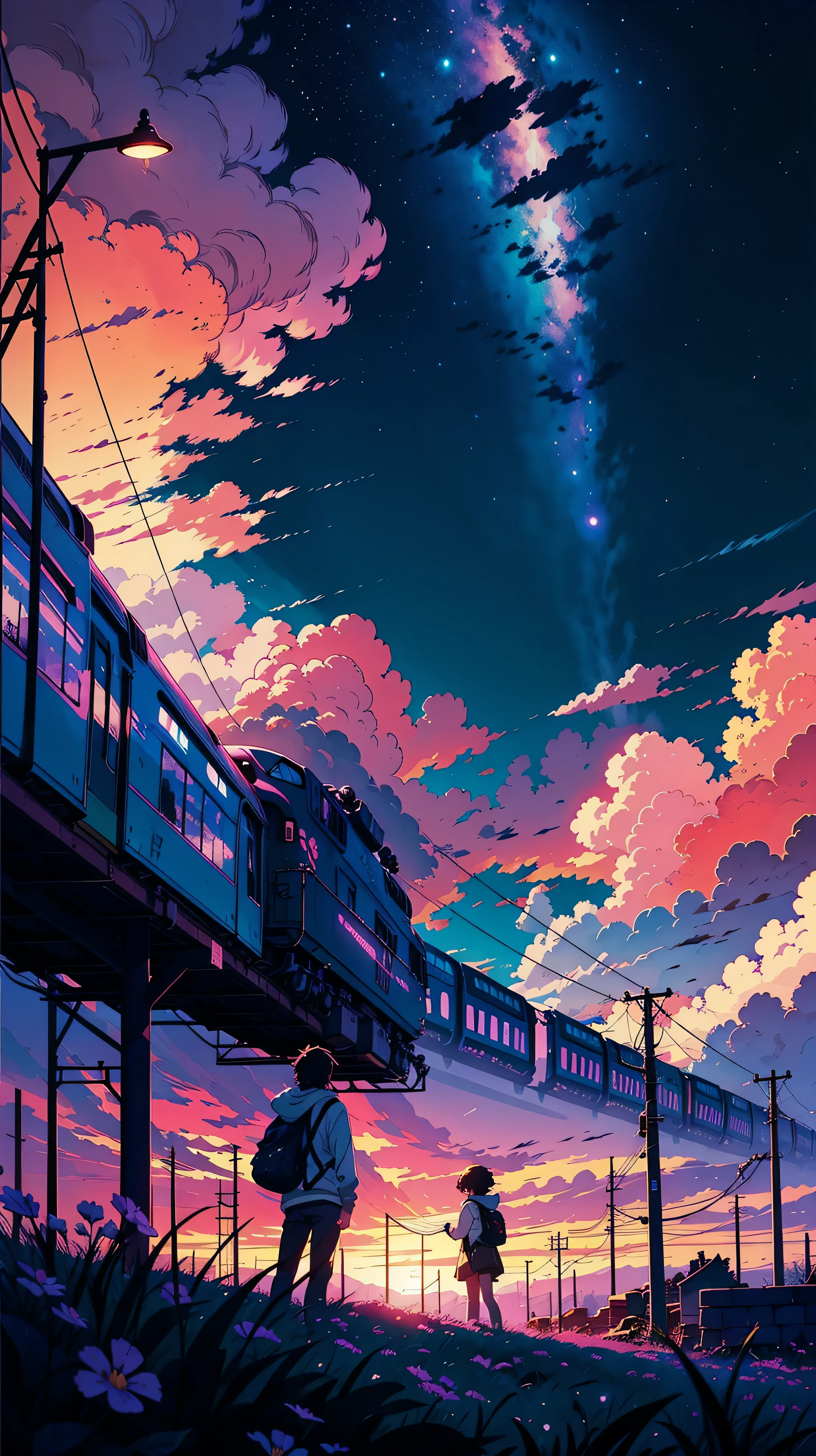 anime scene of a train passing under a pink and purple sky, an anime drawing by Makoto Shinkai, trending on pixiv, magical realism, beautiful anime scene, cosmic skies. by makoto shinkai, ( ( makoto shinkai ) ), by makoto shinkai, anime background art, style of makoto shinkai , realistic color composition ,digital art ,ultra detailing ,HD wallpaper images