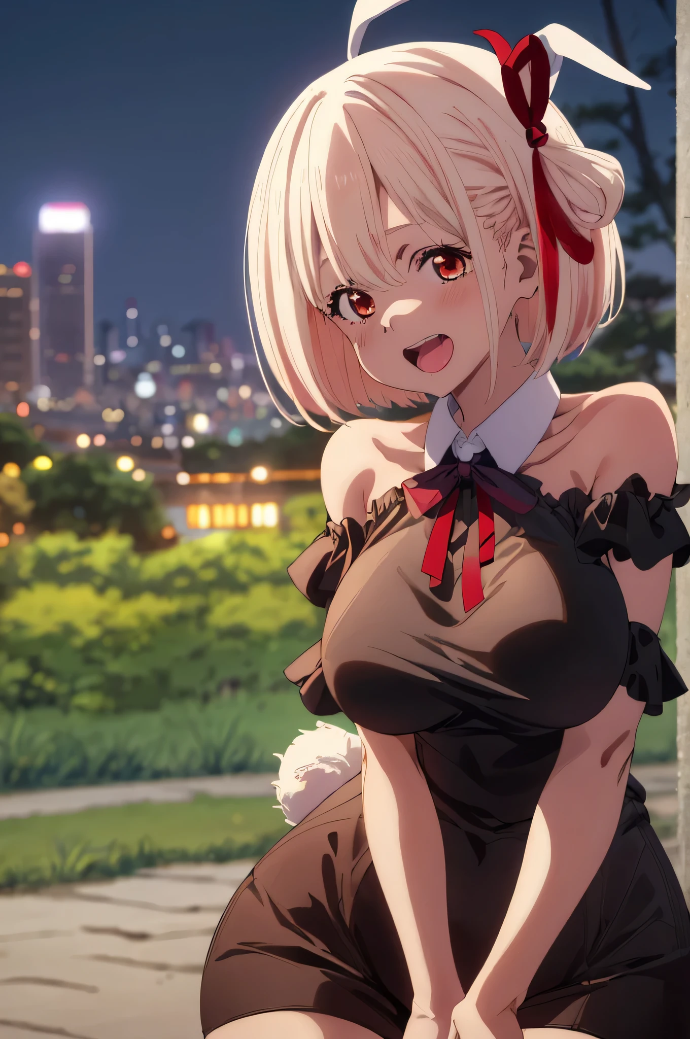 best image quality、最high quality、high quality、City of night、night view、city、city of tokyo、girl、very erotic、エロいBunny girl、Bunny girl、Usamimi、High leg、Racy clothes、Black Bunny、Black Tight Top、Understand the lines of the body、 black stockings,rabbit tail、off shoulder、thighs、big breasts、big 、魅力的なvalley、valley、see up、up close view、Upper body、Upper bodyfoucus,(Laughter:1.1), (open your mouth:1.1), (wide open eyes:1.2), Moon glare, Bokeh, written boundary depth, blurred background, Senzoku Nishikigi、Blonde short bob、red eyes、red ribbon、city内、city、city of tokyo
