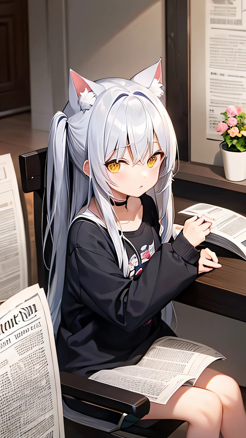 Cat with long silver hair on newspaper background